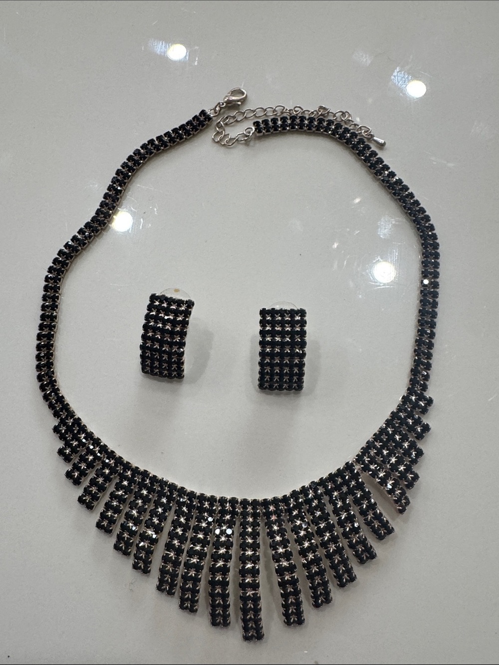Black Crystal Fringe Necklace and Earrings Set - Women Jewelry